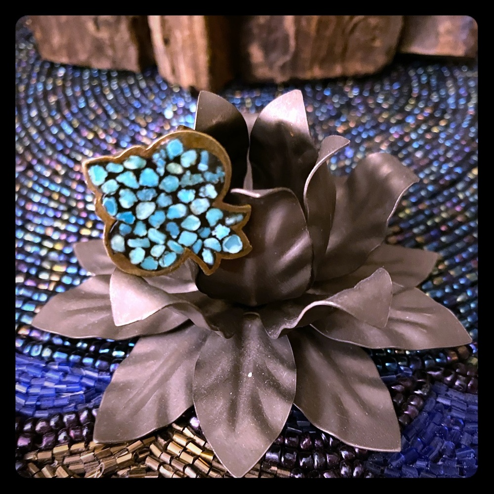 Brass turquoise pomegranate tribal ring